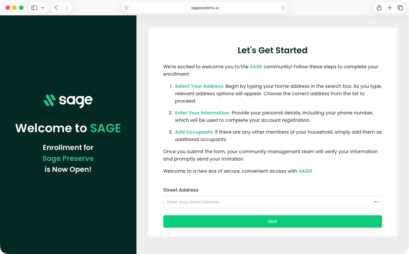 The SAGE enrollment page in a web browser: Let's Get Started, with steps to select your address, enter your information and add occupants, and a Street Address field.