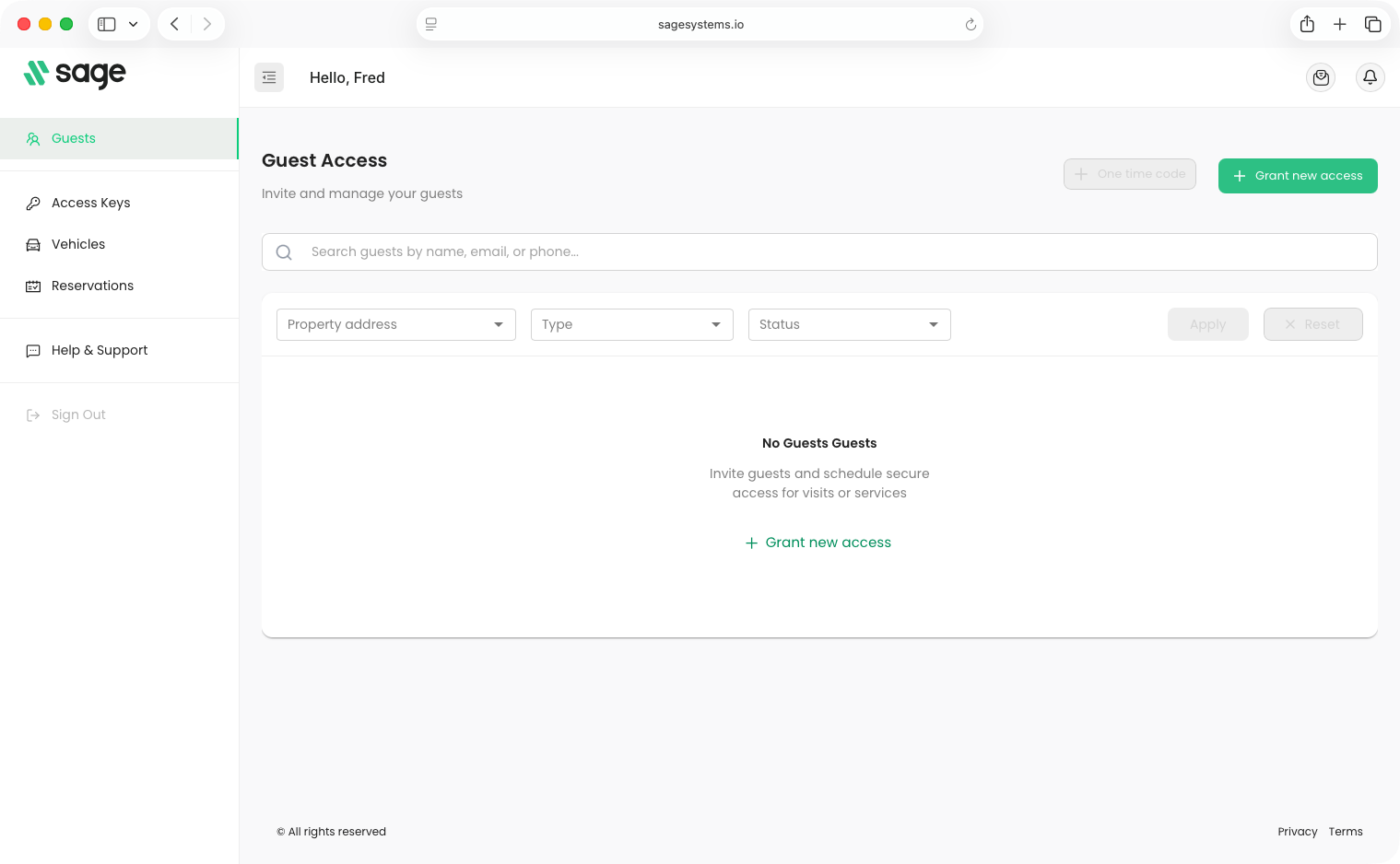 SAGE open in a web browser at sagesystems.io, showing the Guests page and a menu with Guests, Access Keys, Vehicles, Reservations, Help & Support and Sign Out.