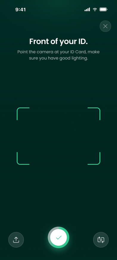 The Front of your ID camera screen with a frame to line up the ID, an upload button and a capture button.