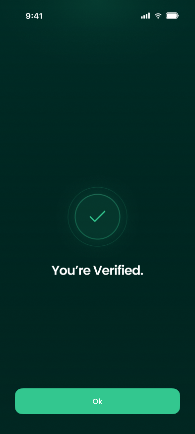 The You're Verified screen with a check mark and an Ok button.