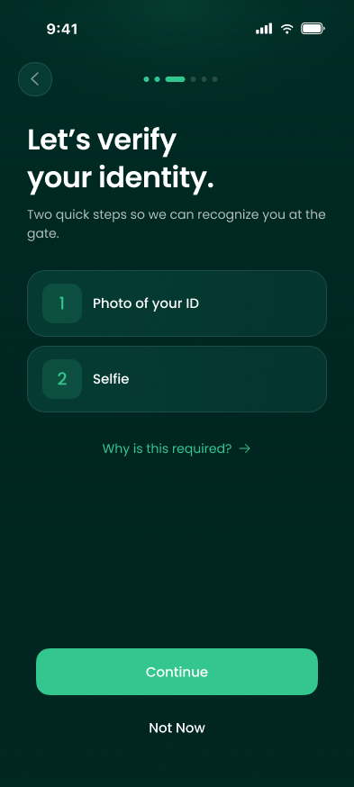 The Let's verify your identity screen with two steps, Photo of your ID and Selfie, a Why is this required link, and Continue and Not Now buttons.