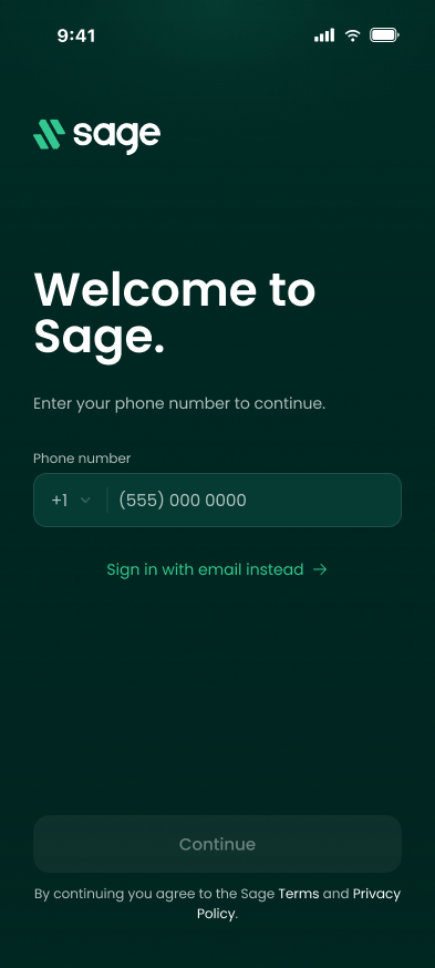 The Welcome to Sage screen with a phone number field, a Sign in with email instead link and a Continue button.