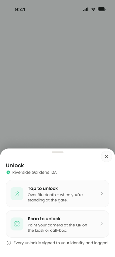 The Unlock sheet for Riverside Gardens 12A with Tap to unlock and Scan to unlock options