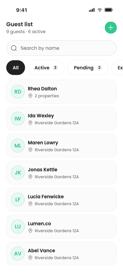The Guest list screen with a search field, filter chips for All, Active and Pending, and a list of guests with their property
