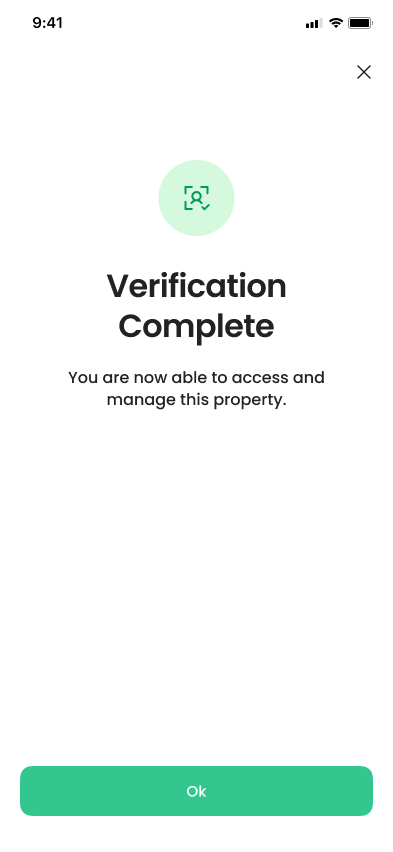 The Verification Complete screen saying you can now access and manage the property, with an Ok button.