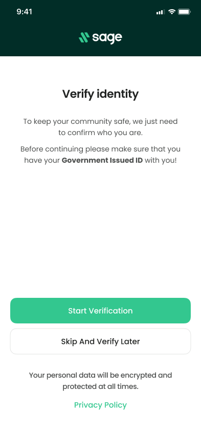 The Start Verification screen with a privacy note, a Privacy Policy link, and Start Verification and Skip And Verify Later buttons.
