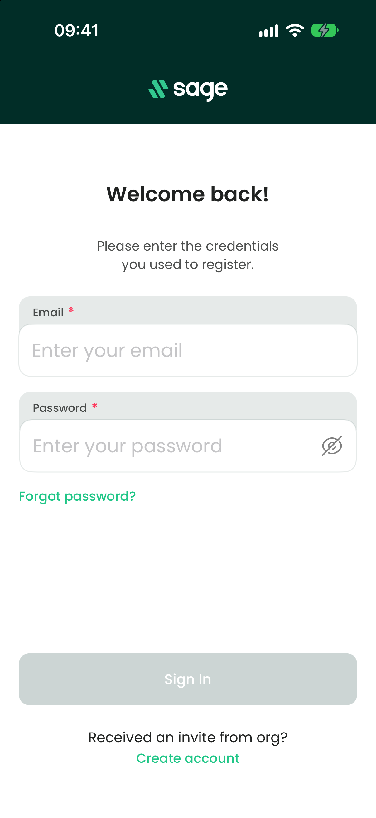 The Welcome back sign-in screen with email and password fields, a Sign In button and Forgot password and Create account links.