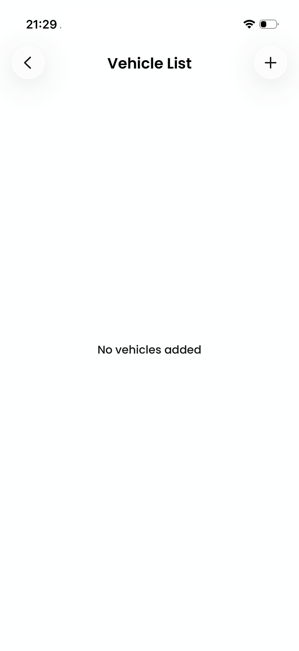 The Vehicle List screen with no vehicles added and a plus button at the top right